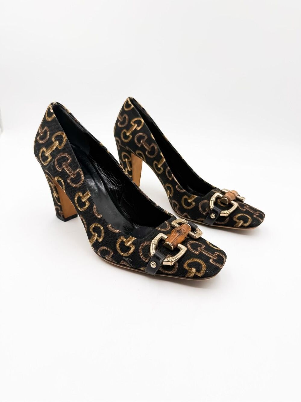 Gucci Bamboo Horsebit Canvas Pumps Square Toe Heels 6.5